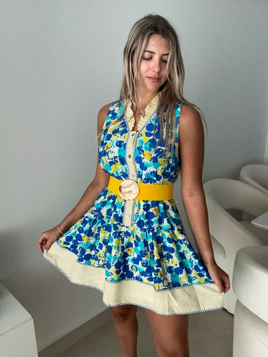 BLUE/YELLOW PRINTED SLEEVELESS SHORT DRESS