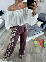 BROWN SIDE DETAILED WIDE LEGGED PANTS