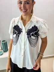 WHITE BLACK DETAILED TOP & BLACK PANT SET