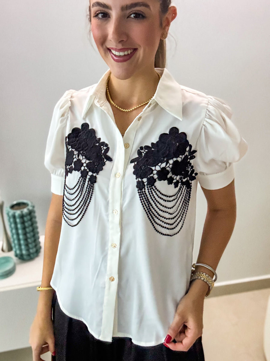 WHITE BLACK DETAILED TOP & BLACK PANT SET