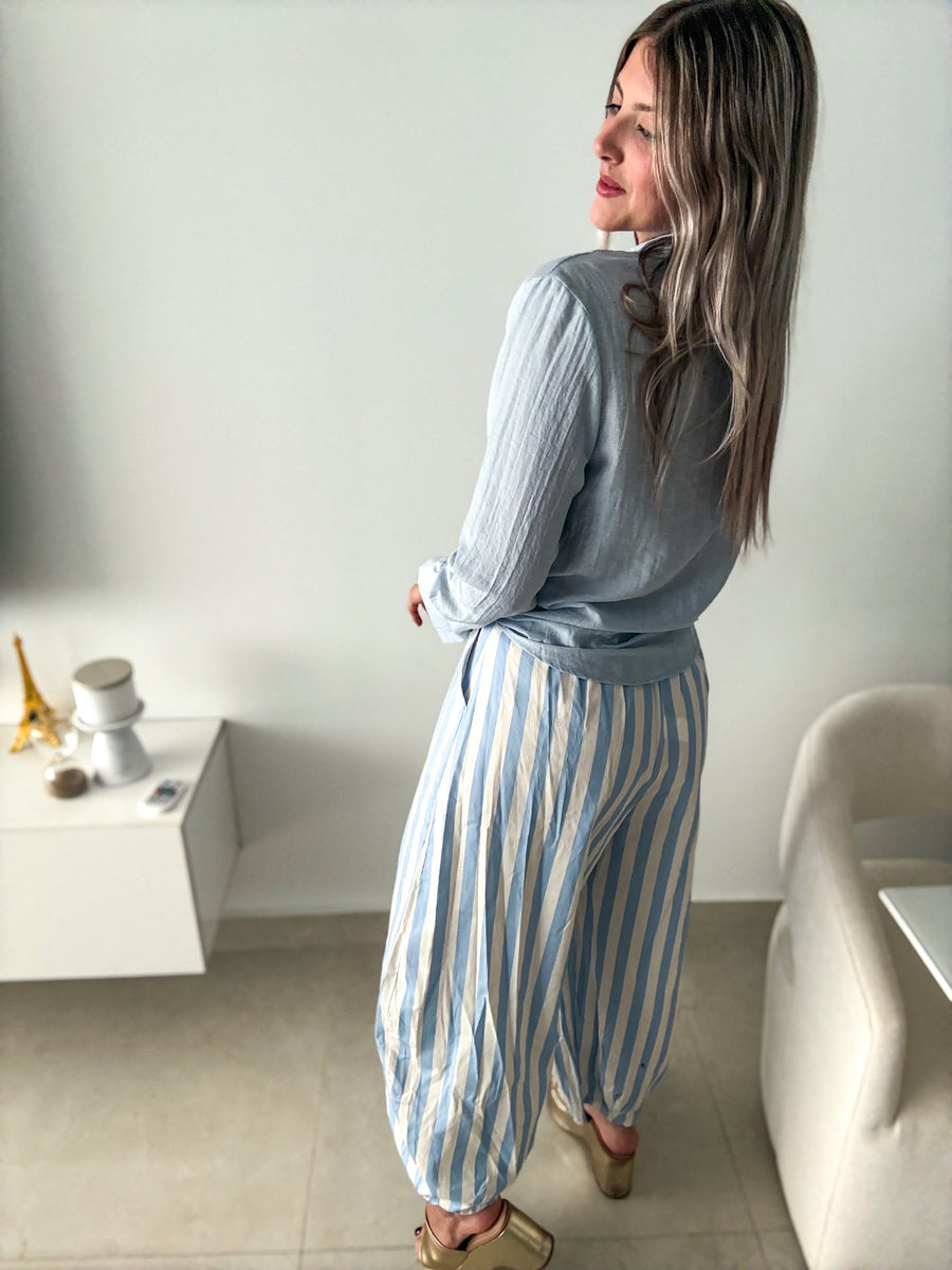 LIGHT BLUE SUNBEADED LONG SLEEVE BLOUSE