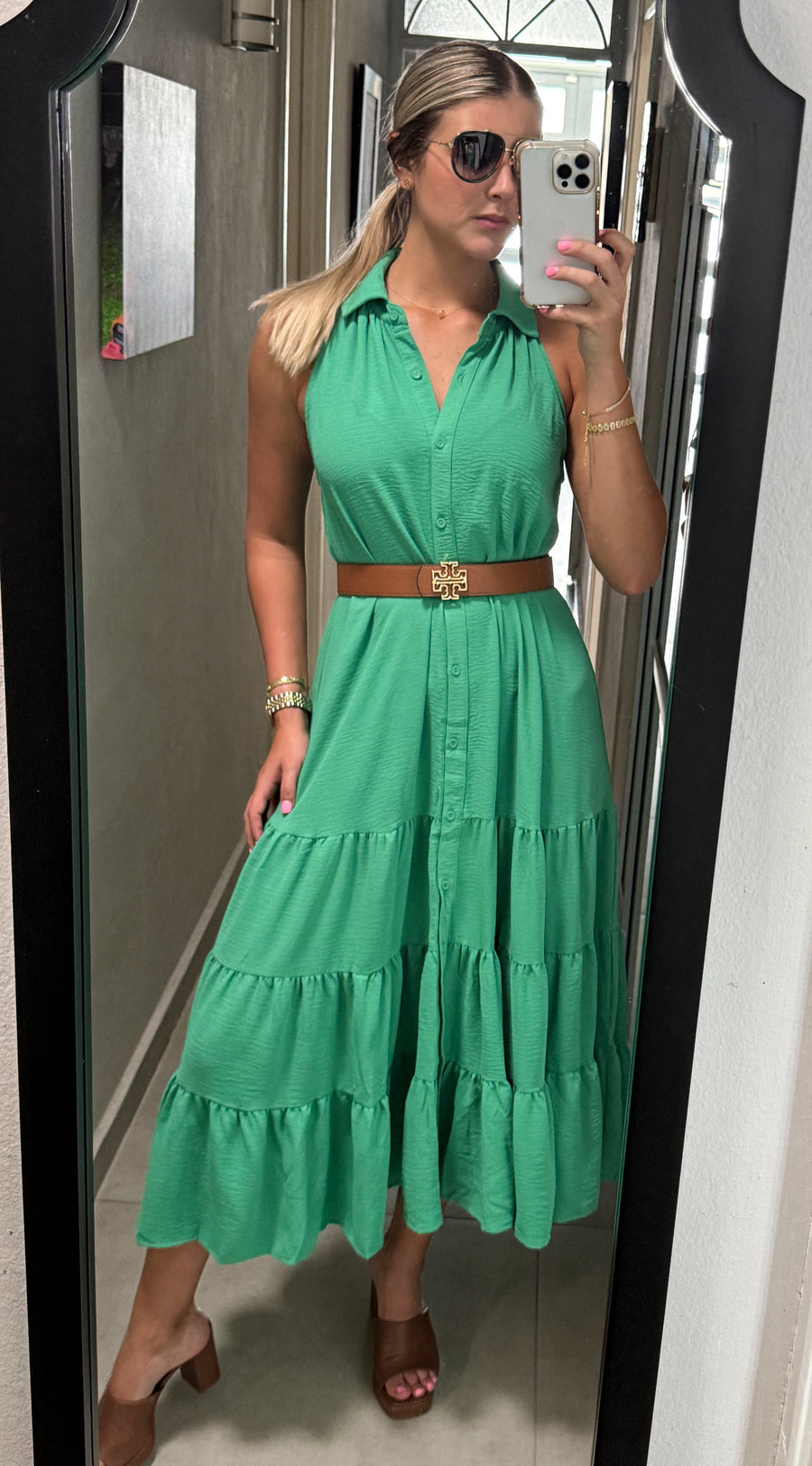 GREEN HALTER SLEEVELESS MIDI DRESS