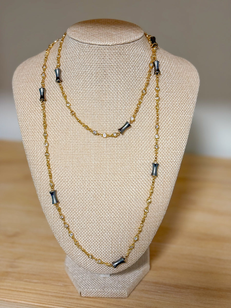 GOLD ZIRCONIA/BLACK DETAILED 36" NECKLACE