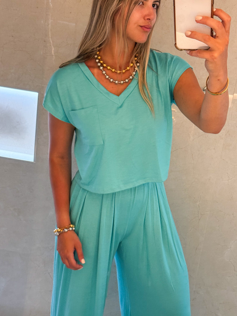 AQUA V-NECK TOP & WIDE LEG PANT SET