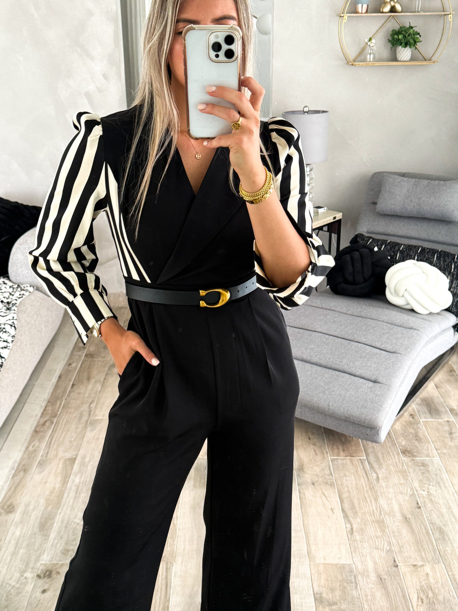 BLACK CONTRAST STRIPED JUMPSUIT