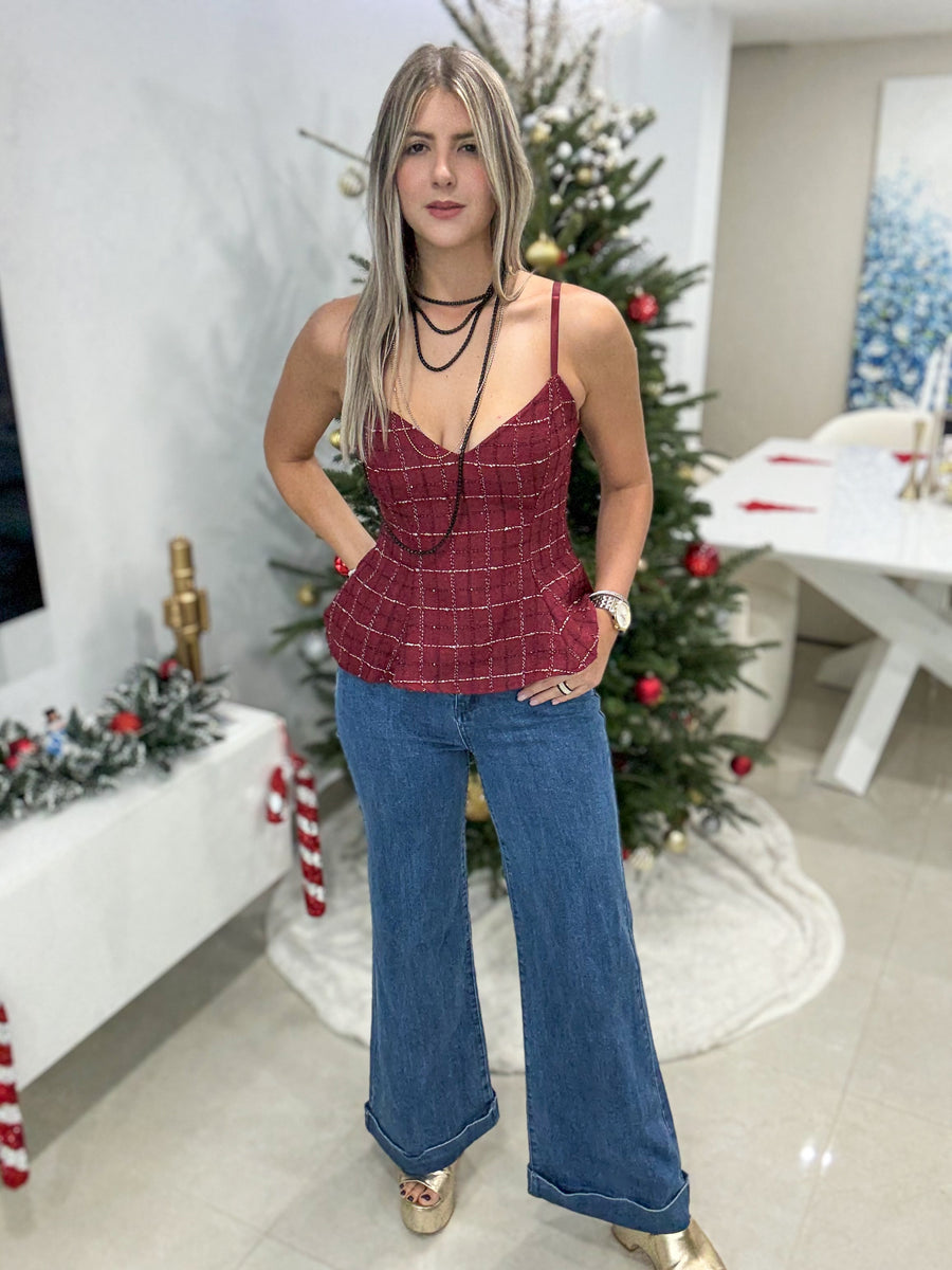 BURGUNDY TWEED PEPLUM BLOUSE