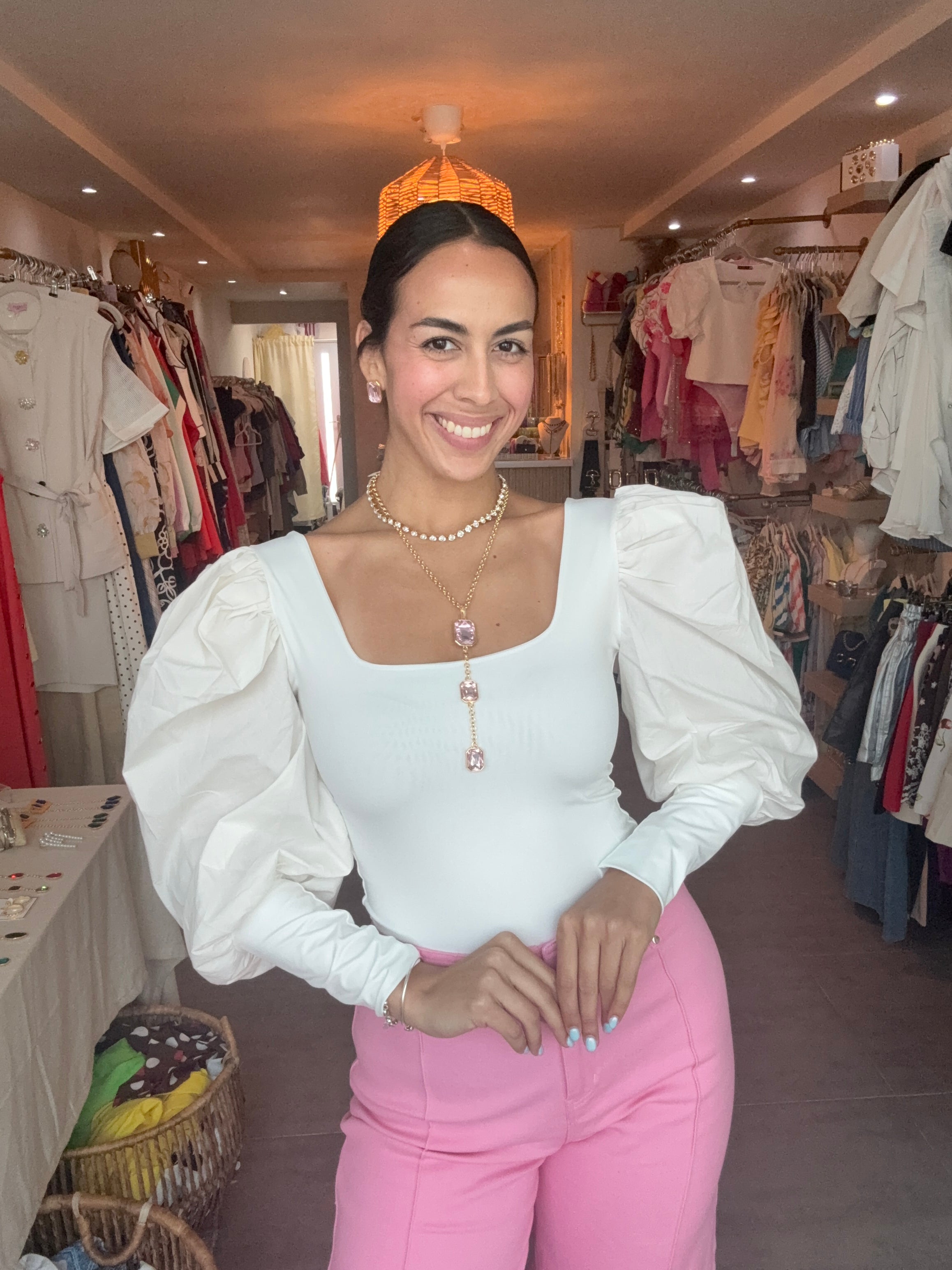 WHITE CROP BUBBLE BLOUSE