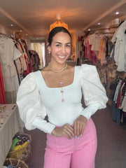 WHITE CROP BUBBLE BLOUSE