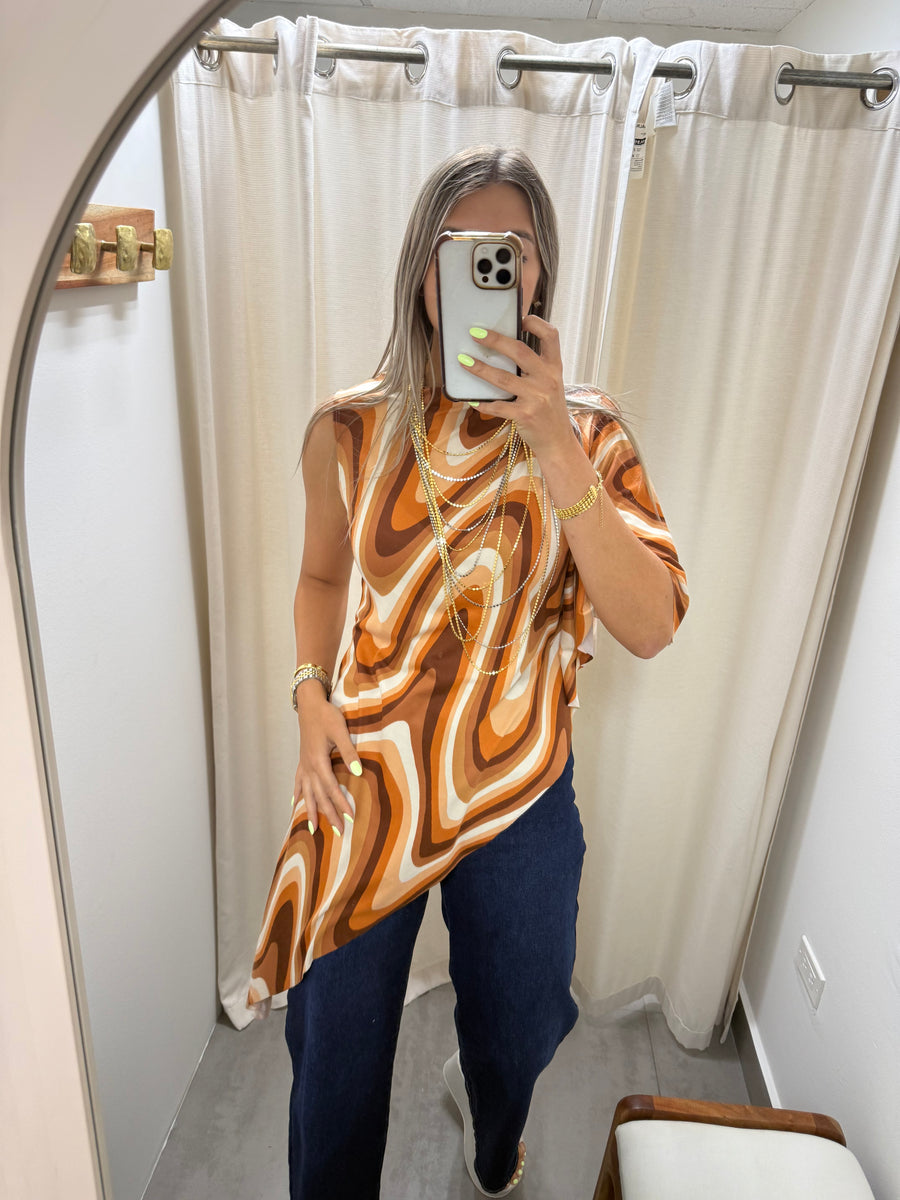 PIA BROWN MIX ASYMMETRIC BLOUSE
