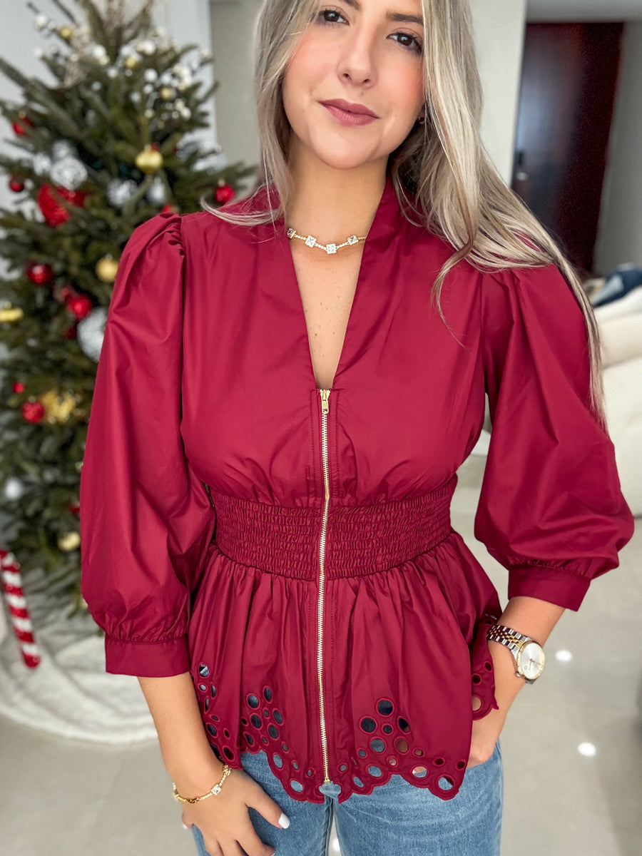 BURGUNDY ZIPPER EYELET DETAIL BLOUSE