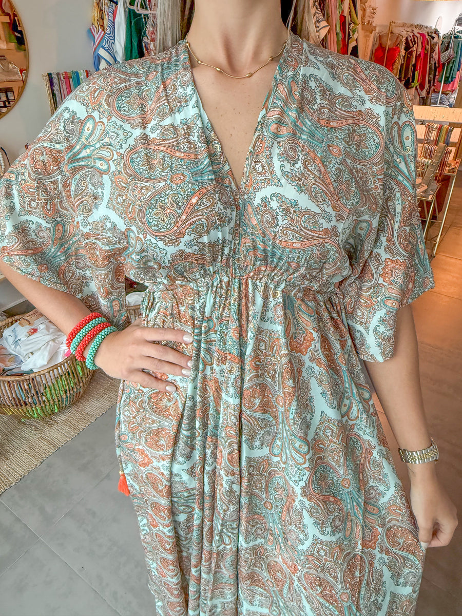 TURQUOISE/ORANGE KIMONO MIDI DRESS
