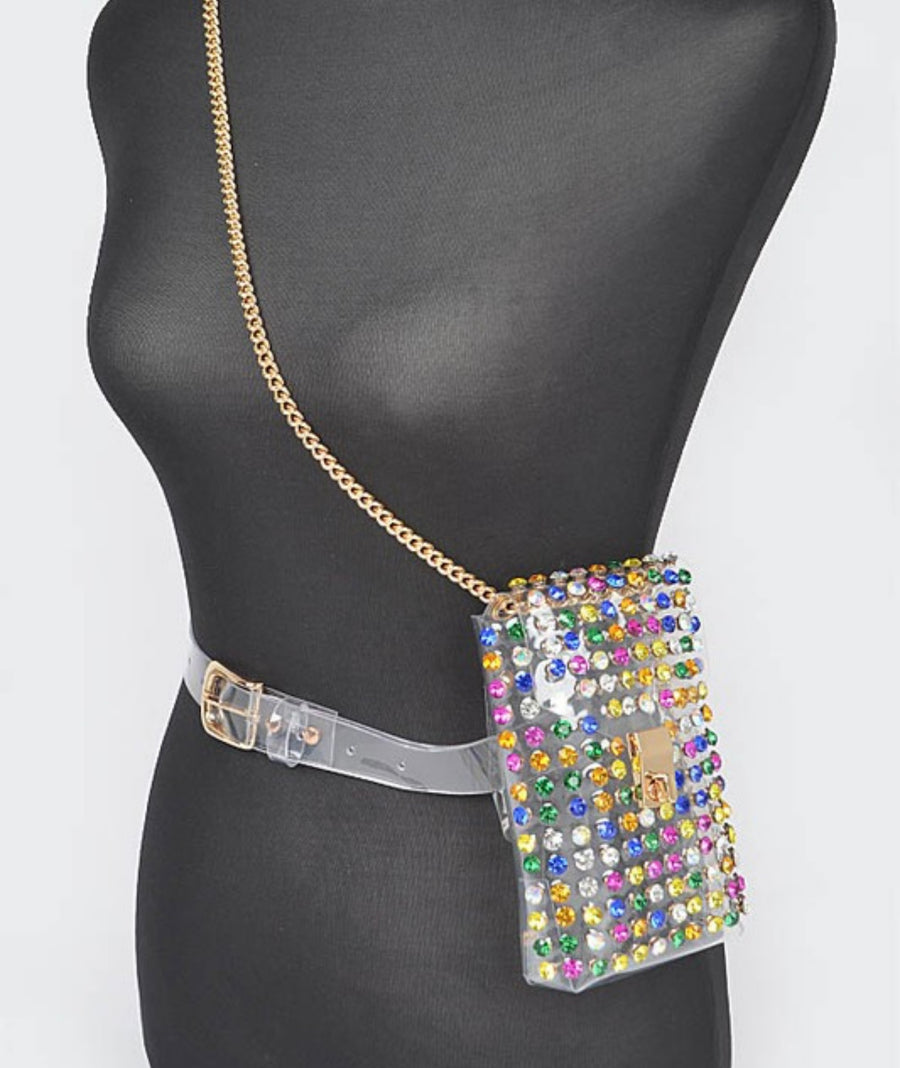 RHINESTONE BELT BAG W/CHAIN