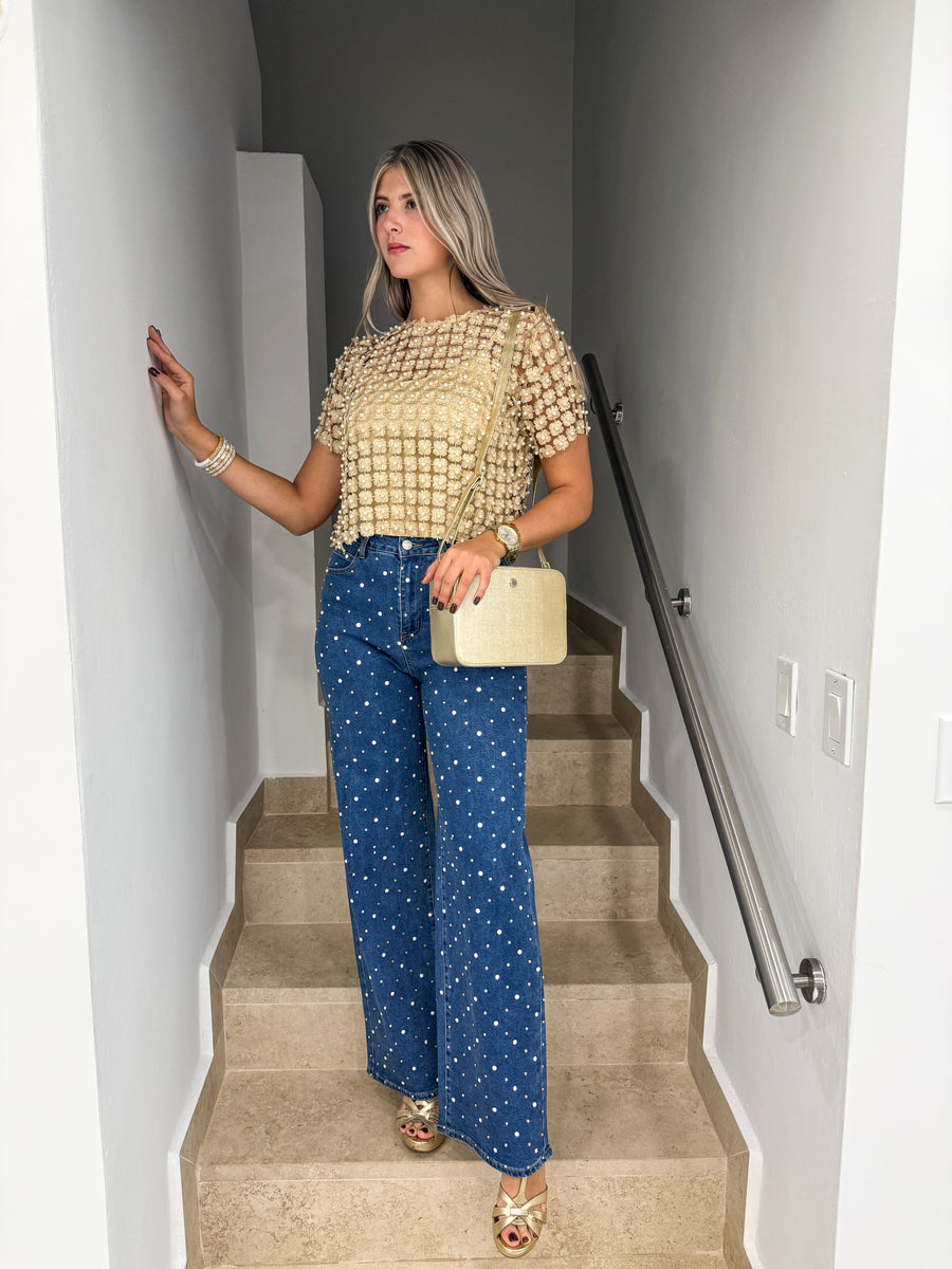 PEARL/RHINESTONES STRETCHY LONG JEANS