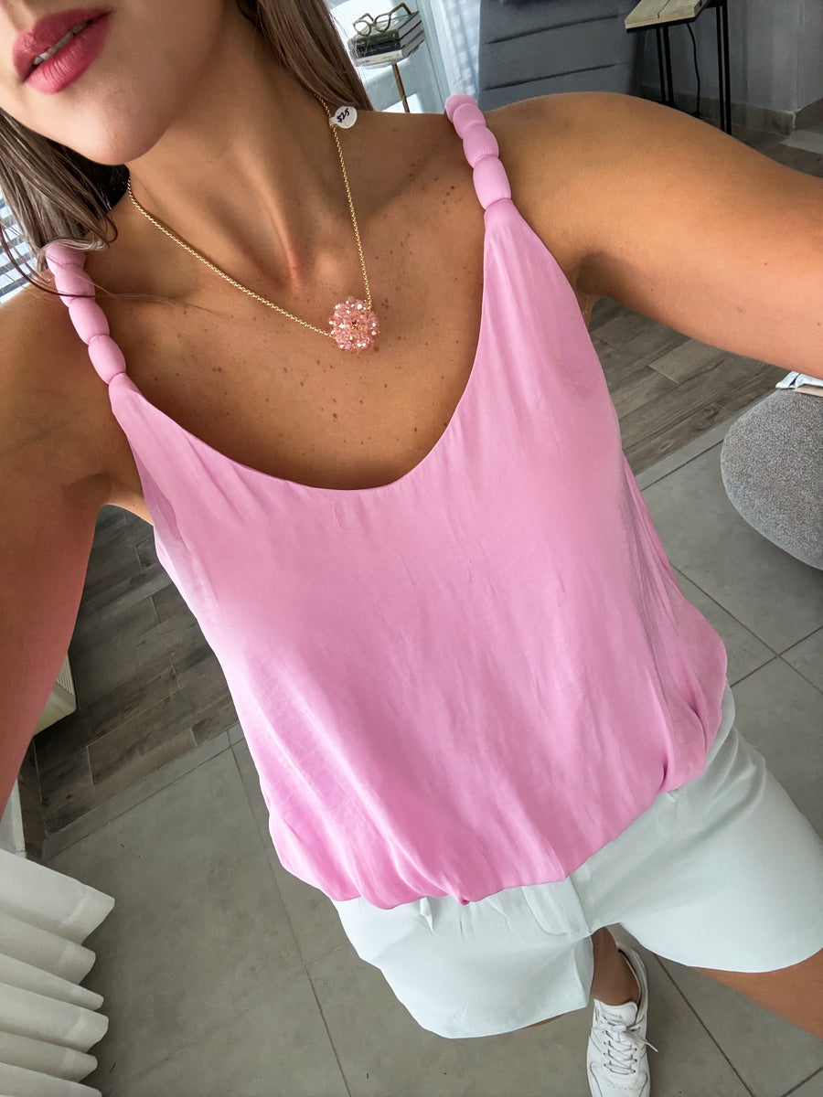 PINK SATIN ELABORATED STRAP TANK BLOUSE