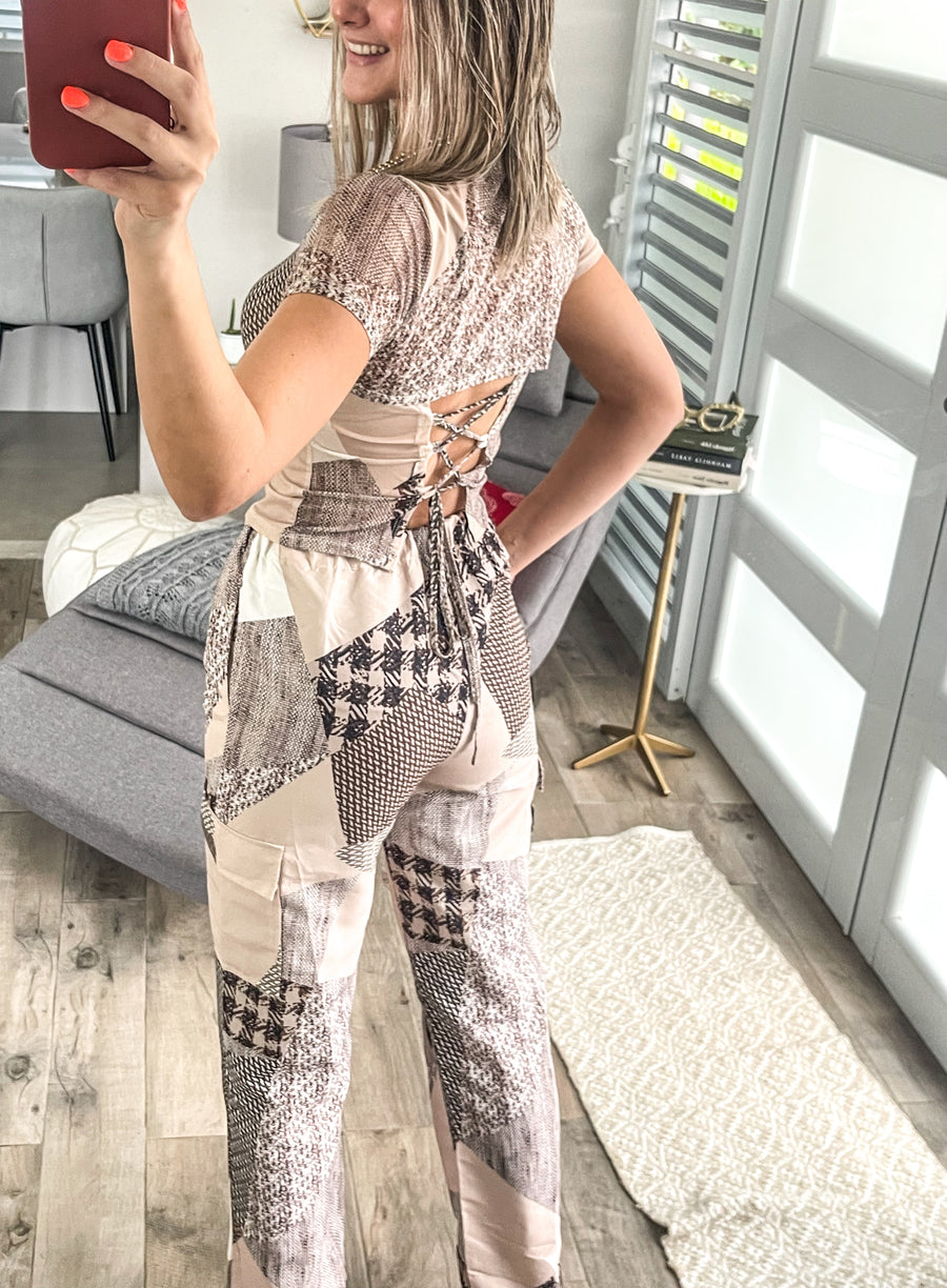 PRINT MESH TOP & CARGO JOGGER PANT SET