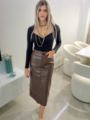 BROWN FAUX LEATHER MIDI SKIRT