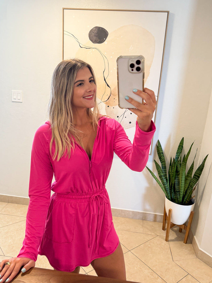 HOT PINK STRETCHY HOODIE ROMPER