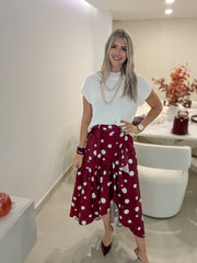 BURGUNDY POLKA DOT WRAP AROUND SKIRT