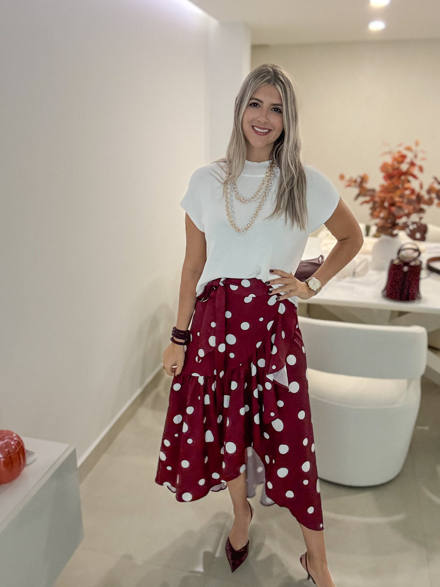 BURGUNDY POLKA DOT WRAP AROUND SKIRT