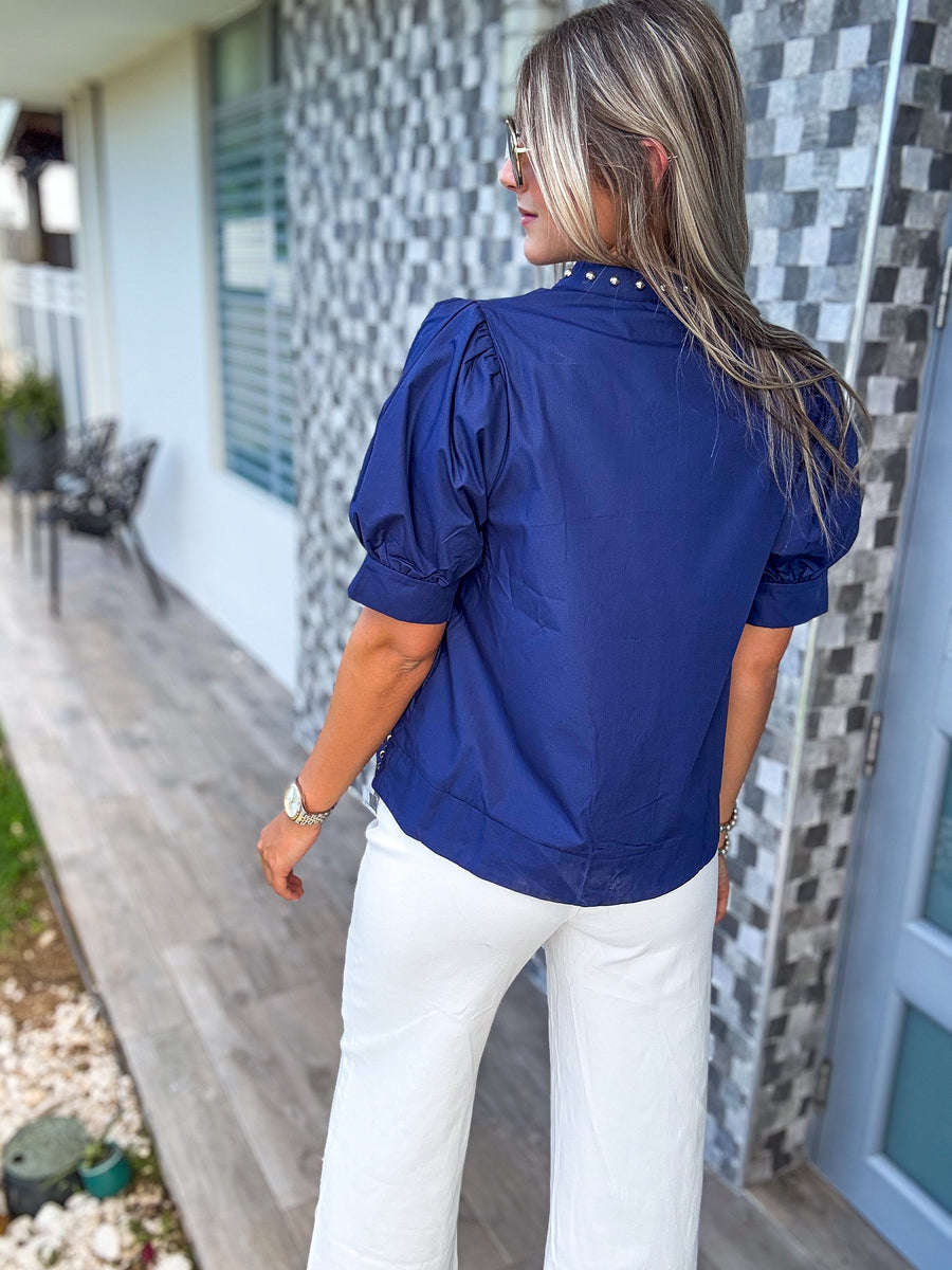 NAVY STUDDED BLOUSE