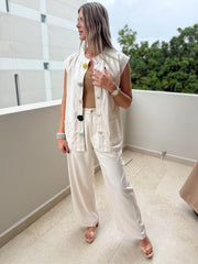 BEIGE FLOWER BUTTON TOP & PANT SET