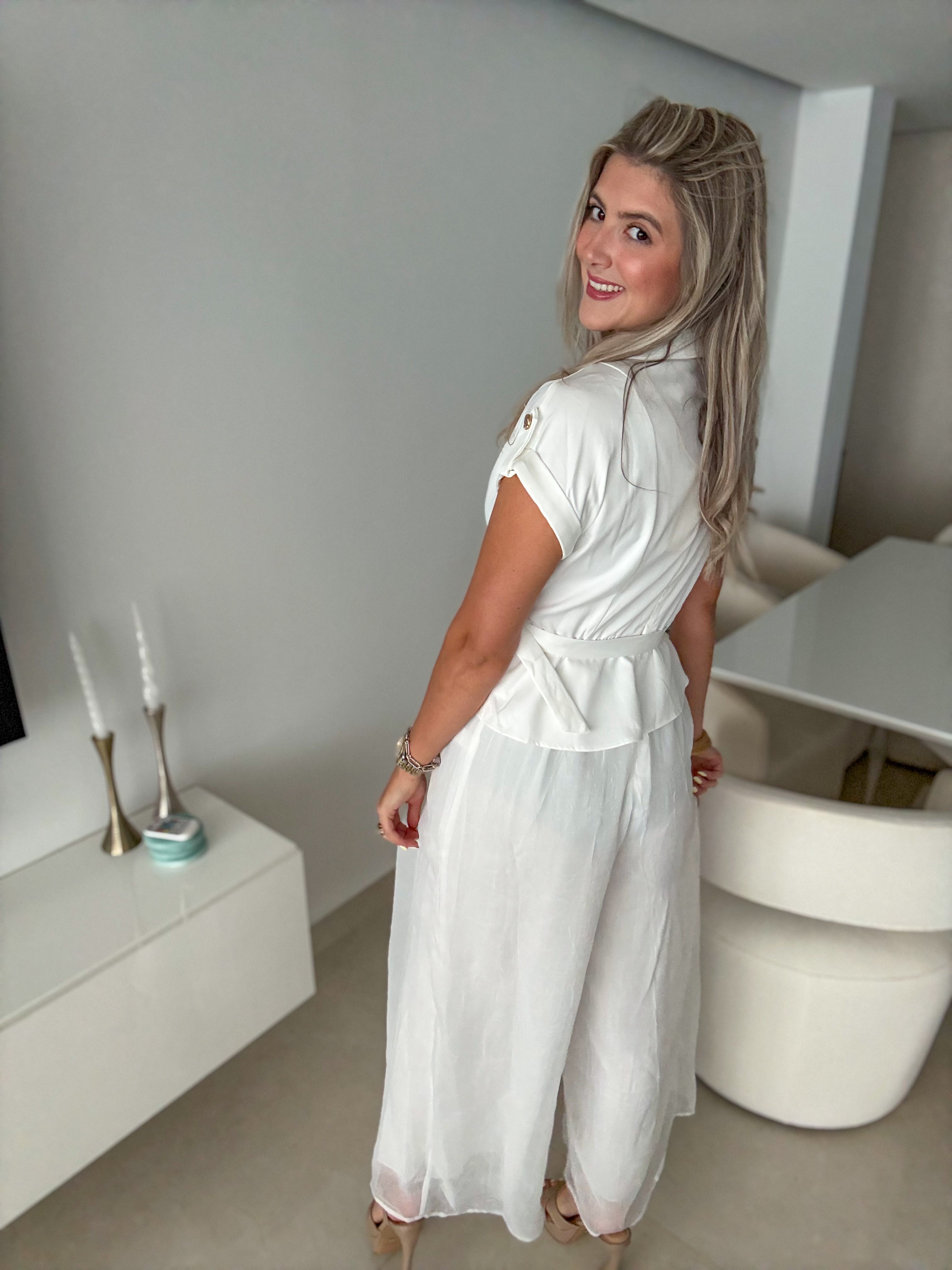 WHITE BELTED ORGANZA DETAILED JUMPSUIT