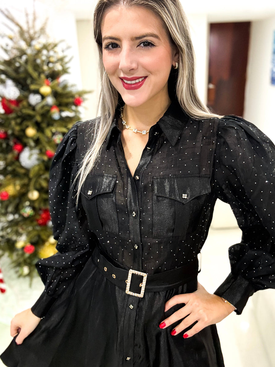 BLACK RHINESTONES LONG SLEEVE DRESS