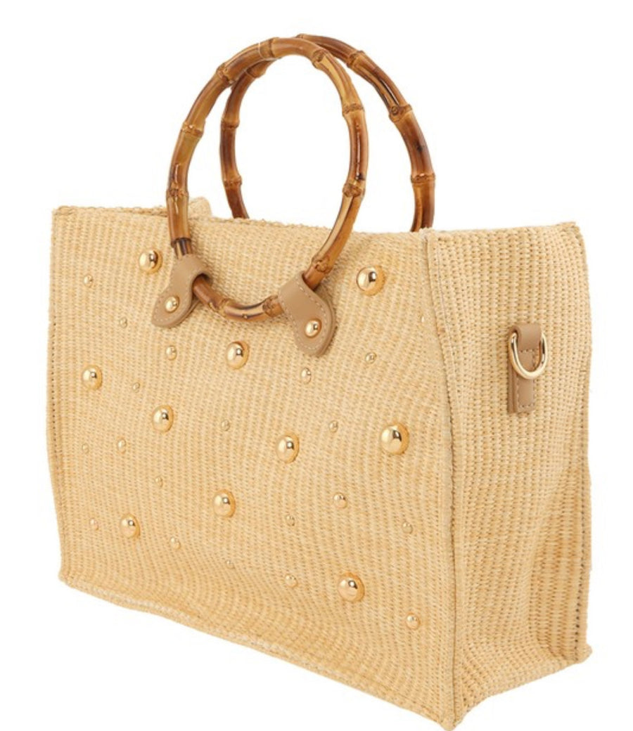 STUD EMBELLISHED STRAW WOODEN CROSSBODY BAG