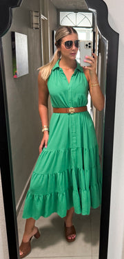 GREEN HALTER SLEEVELESS MIDI DRESS