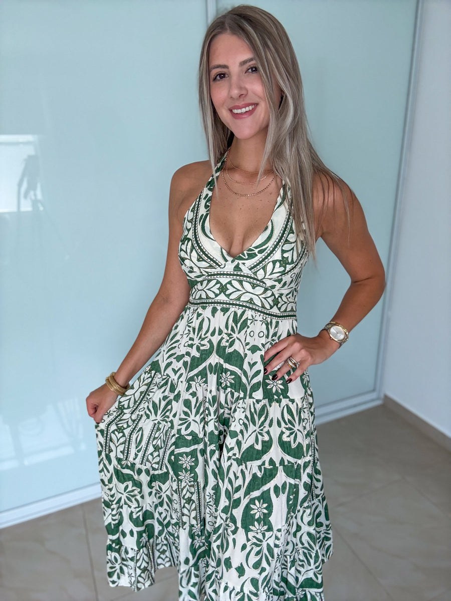 GREEN PRINTED HALTER MAXI DRESS
