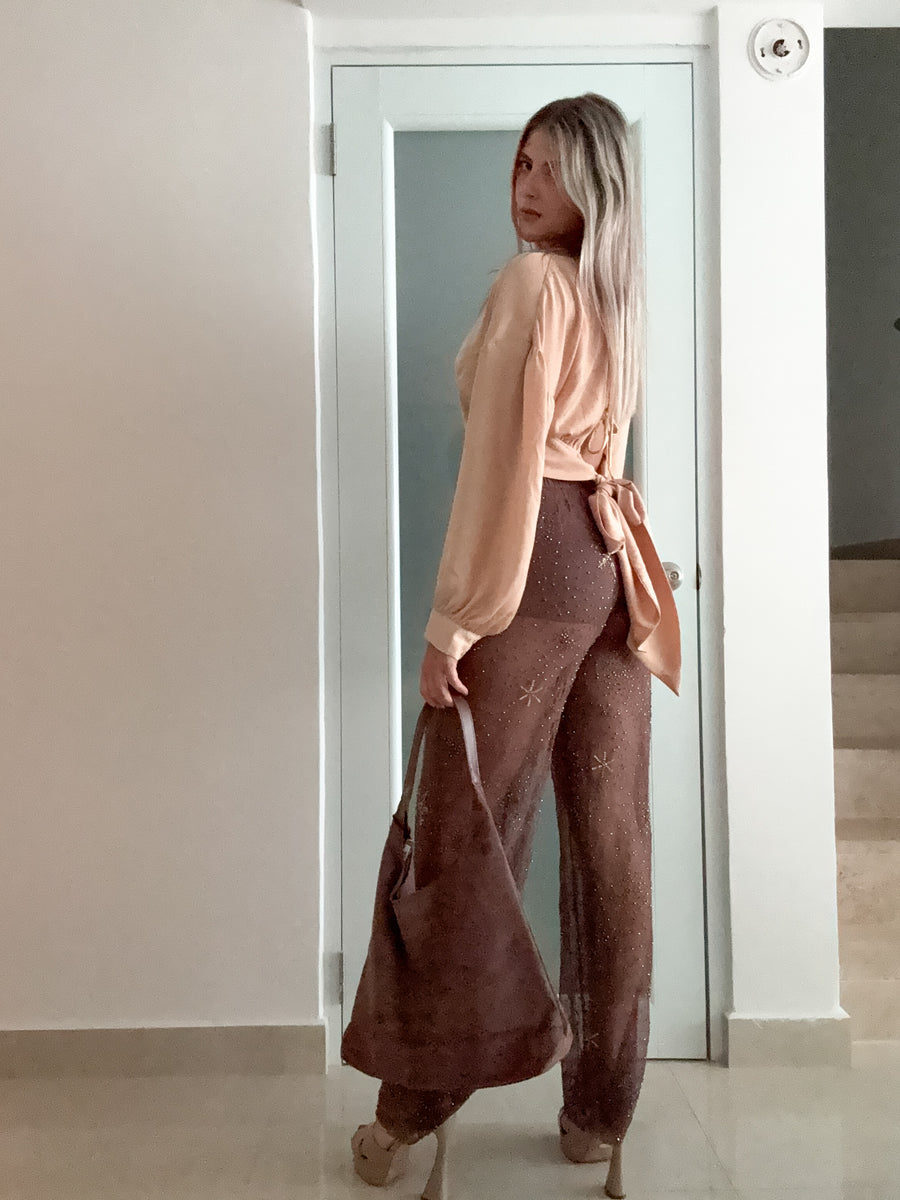BROWN SUN BEADED SHEER HUGH WAIST PANTS