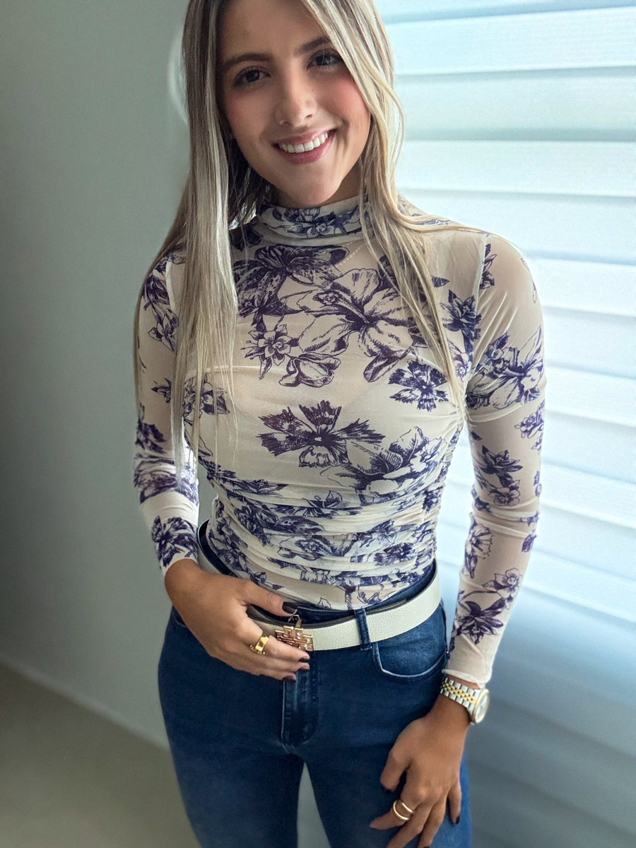 NAVY/IVORY PRINTED FLORAL MESH BODYSUIT