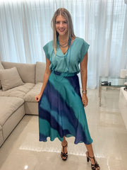 BLUE OMBRE SATIN MIDI SKIRT