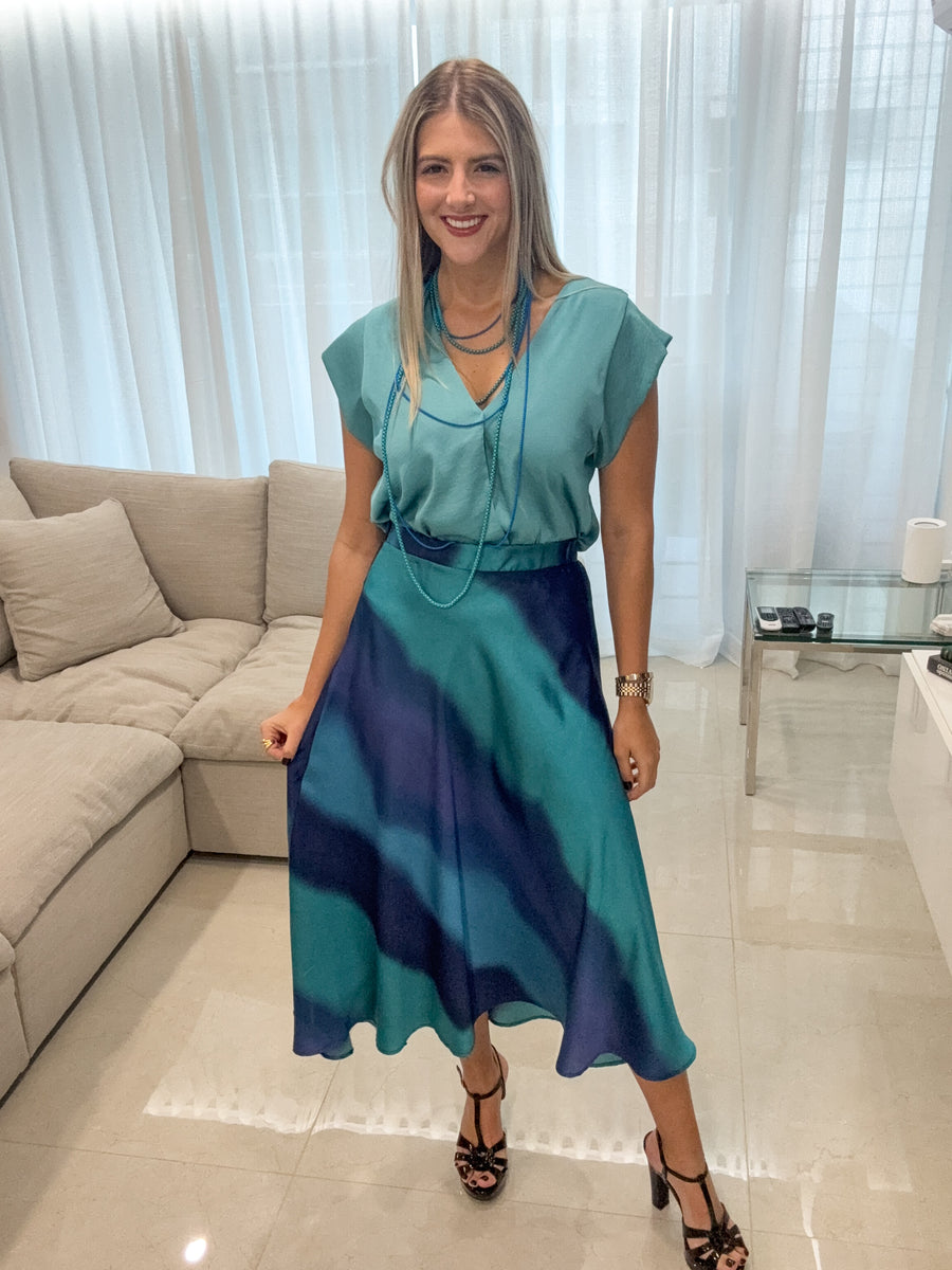 BLUE OMBRE SATIN MIDI SKIRT
