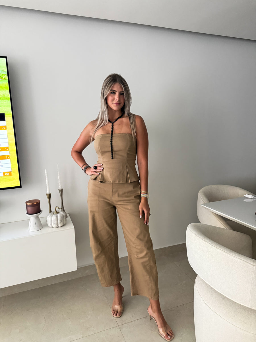 CAMEL PLEATED BARREL JUMPSUIT