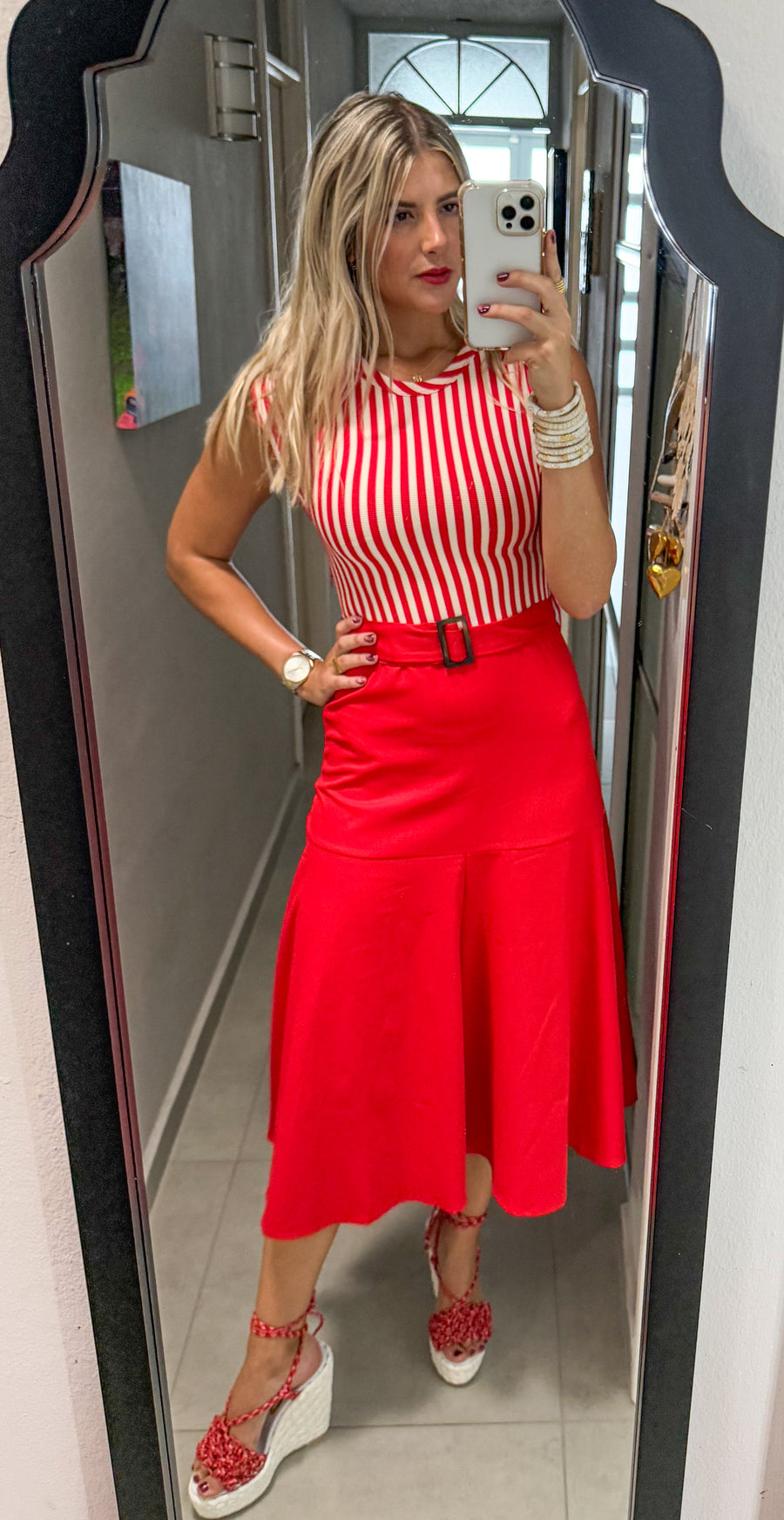 RED STRIPED BELTED DRESS