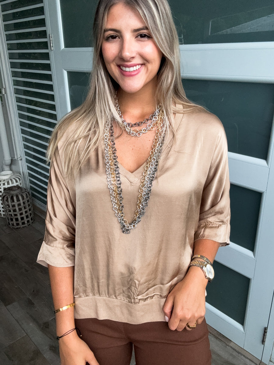 MOCHA 3/4 SLEEVES V-NECK SILKY BLOUSE