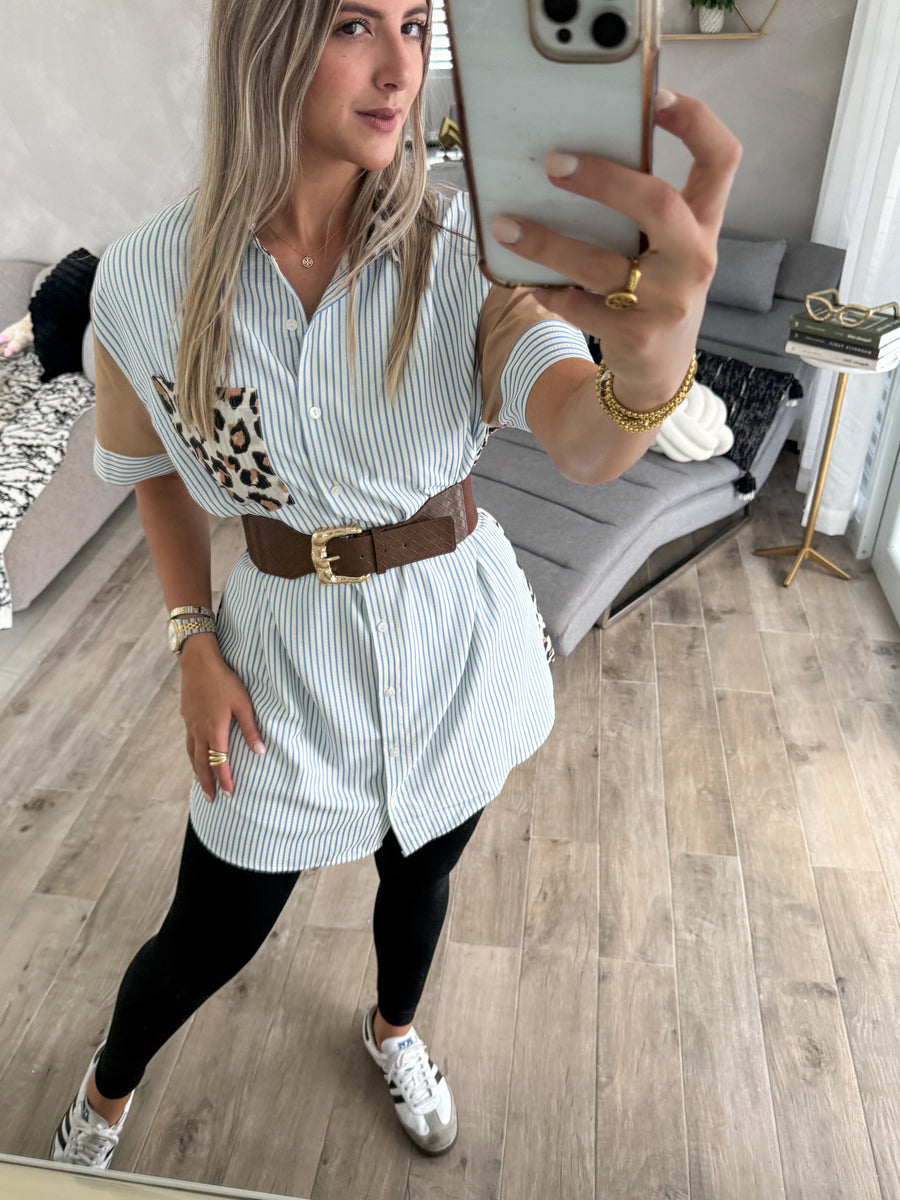 LEOPARD/BLUE SHORT SLEEVE DRESS