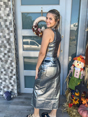 BLACK METALLIC MIDI SKIRT
