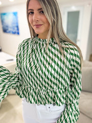 GREEN/WHITE STRIPED PEPLUM BLOUSE