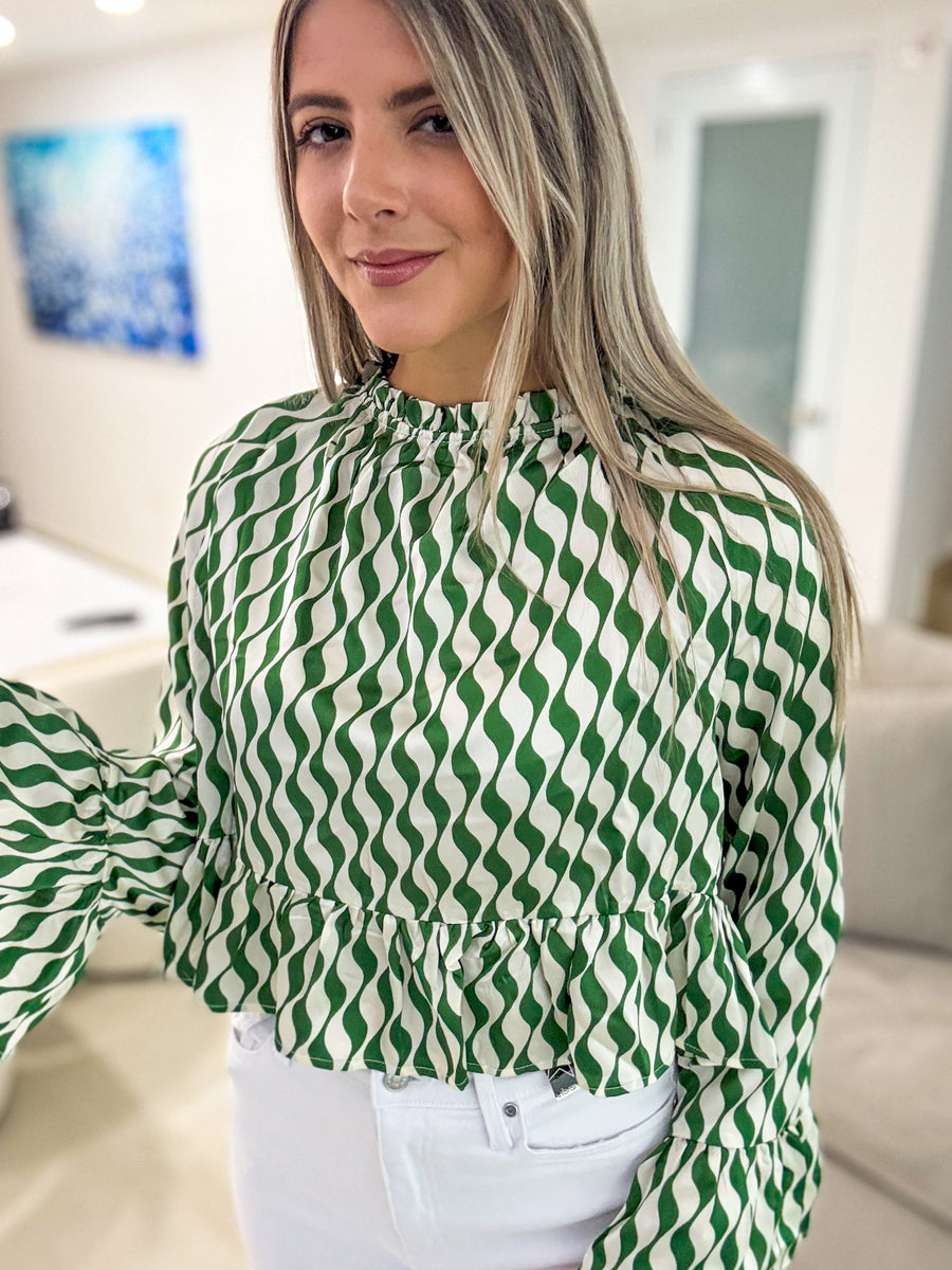 GREEN/WHITE STRIPED PEPLUM BLOUSE