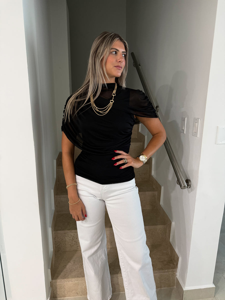 BLACK MESH RUCHED BLOUSE