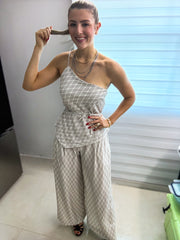 IVORY/GRAY PRINTED TOP & PANT SET