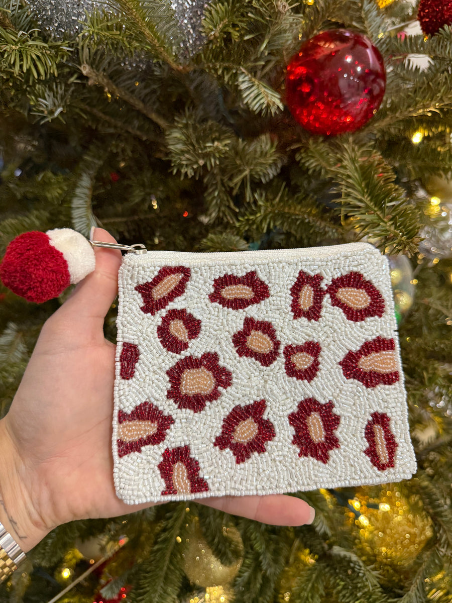 WHITE/BURGUNDY LEOPARD COIN BAG