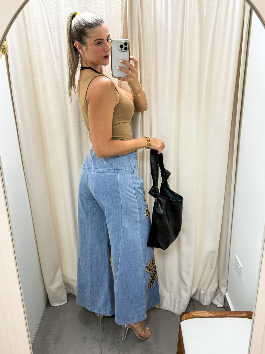 FLOWER LEOPARD PRINT PATCHWORK DENIM WIDE LEG PANTS
