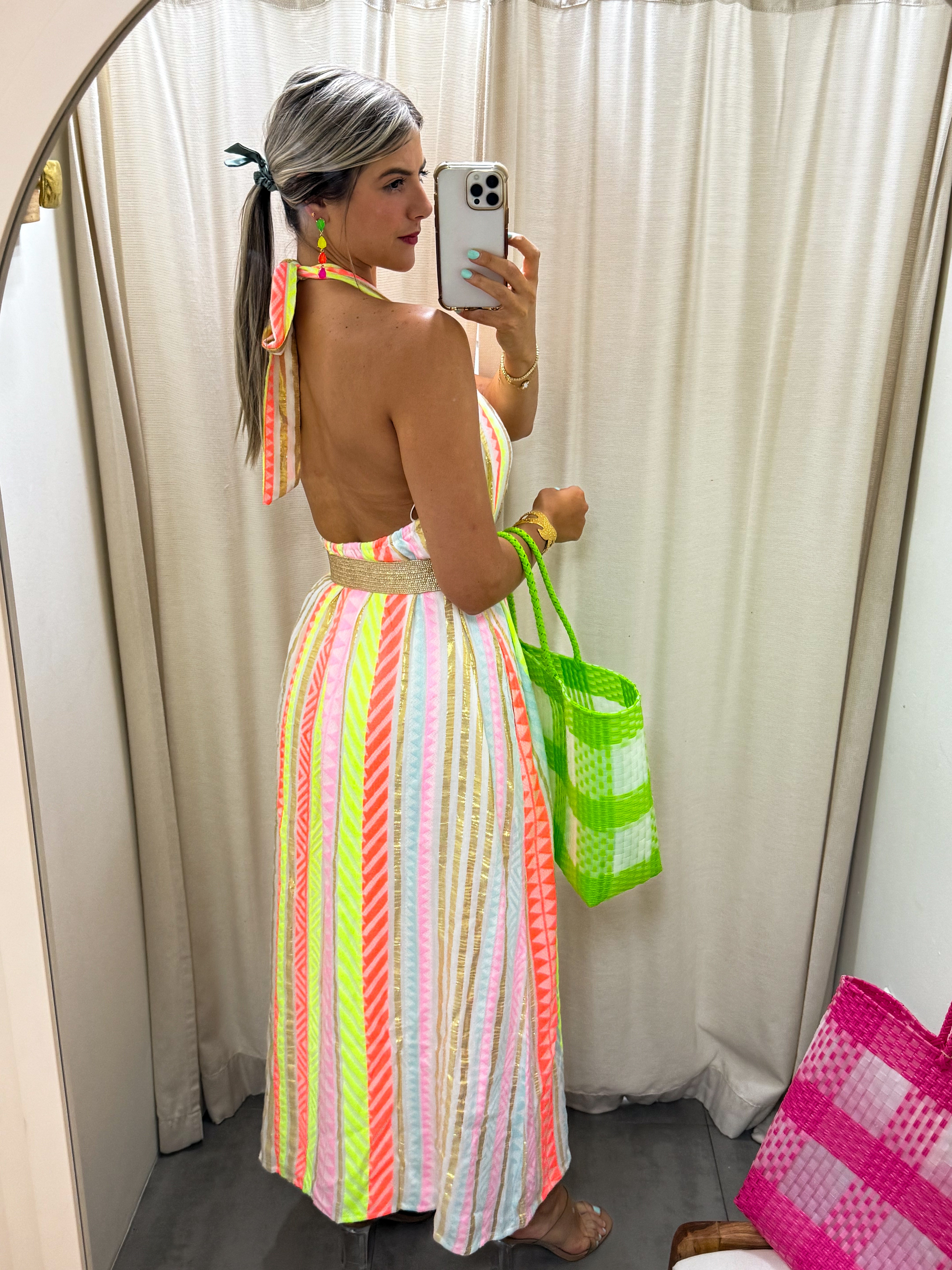 NEON/GOLD HALTER MAXI DRESS