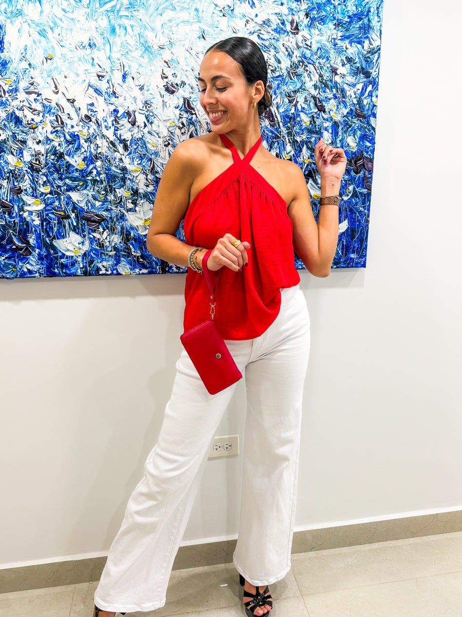 RED SATIN HALTER BLOUSE
