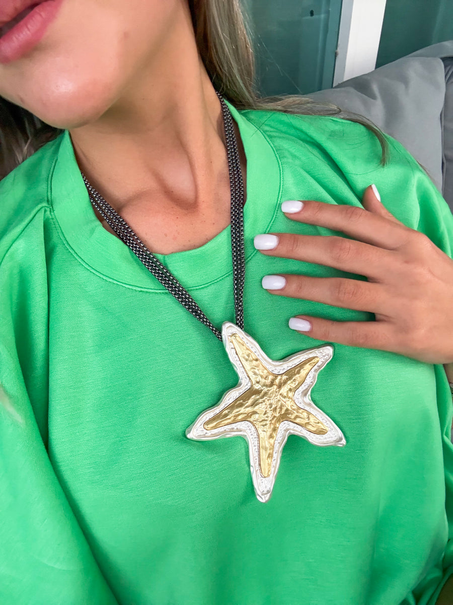 BLACK CHAIN TWO TONE STAR LONG NECKLACE