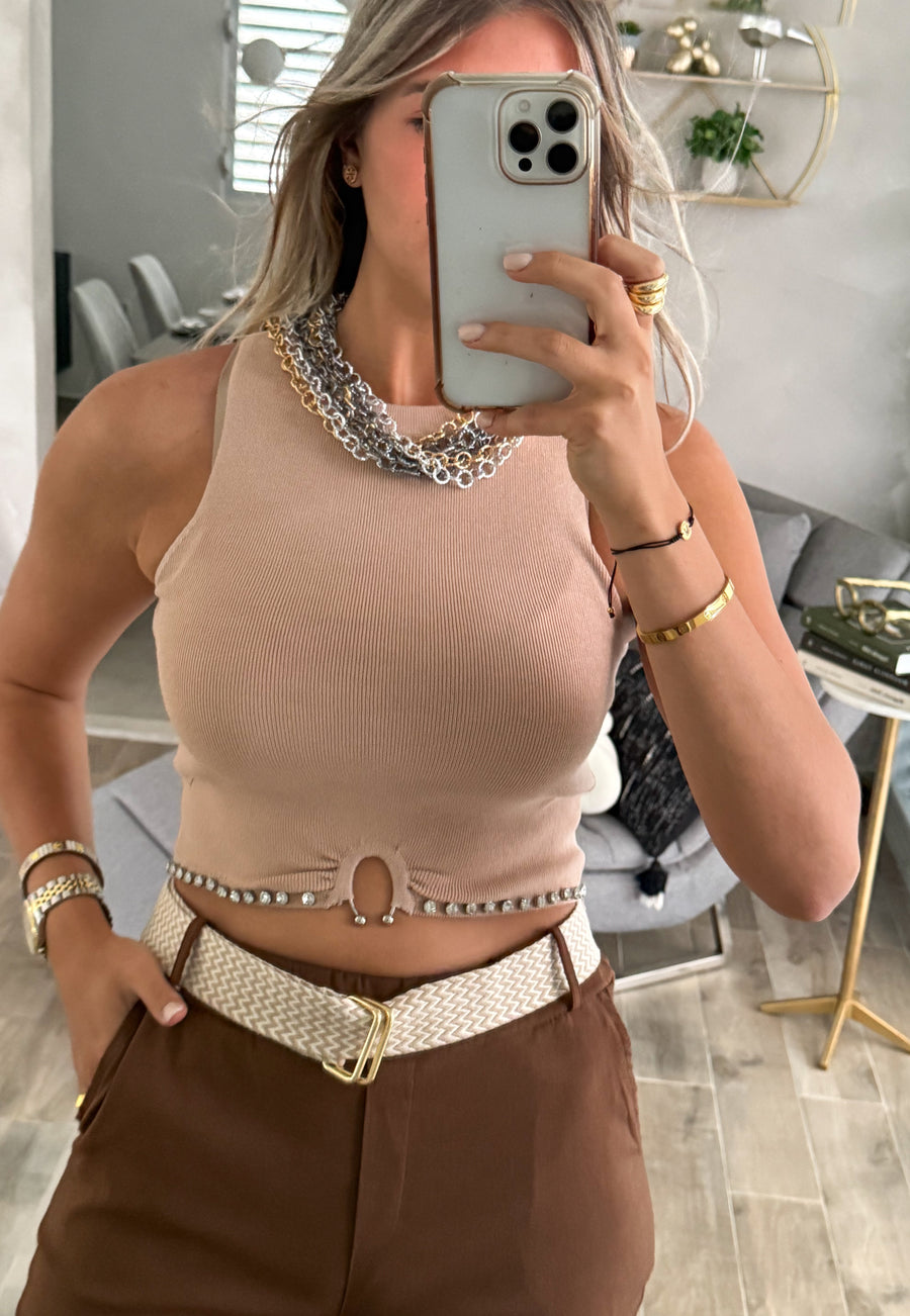 BEIGE RHINESTONE TANK TOP