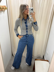 BLACK STRIPED DENIM LONG SLEEVE TRIM TOP